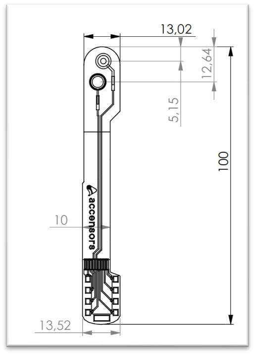 Technische Zeichnung des Layouts unseres pH Sensors. Der Sensor ist 100mm lang und 13mm breit.